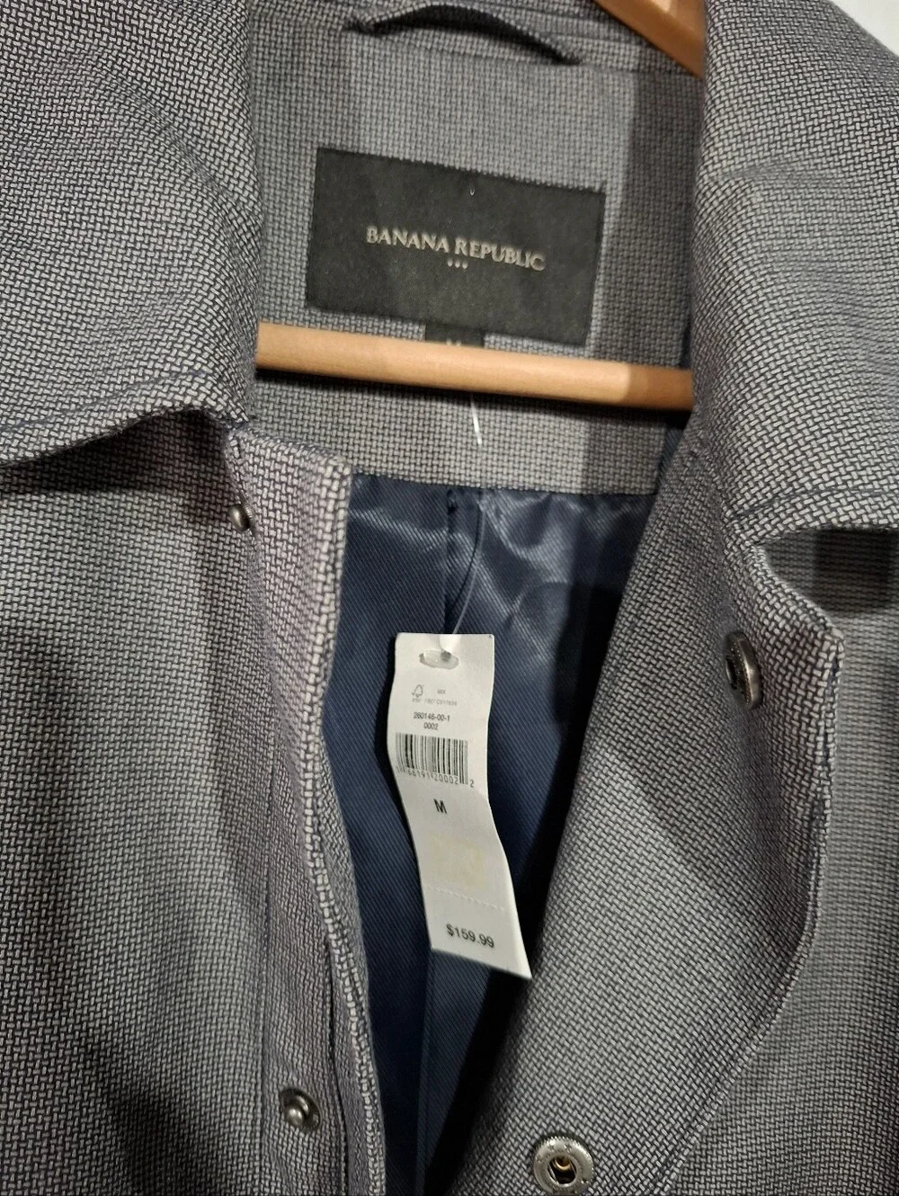 Banana Republic Men's Charcoal Gray Micro-Check Trench Coat Long Cotton Sz M